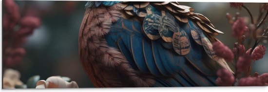 Dibond - Blauwe Gaai Vogel met Kleurrijke Veren en Bloemen - 90x30 cm Foto op Aluminium (Met Ophangsysteem)