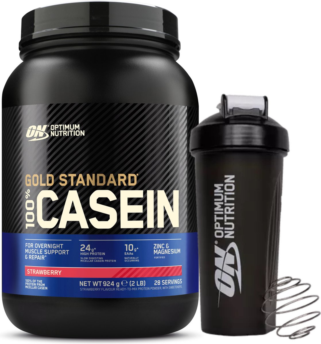 Optimum Nutrition 100% Casein Time Release Protein Bundel - Aardbei Caseine Proteine Poeder + ON Shakebeker - 28 servings (924 gram)