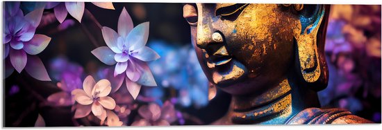 Acrylglas - Boeddha voor Struik vol Paarse Lelies - 90x30 cm Foto op Acrylglas (Wanddecoratie op Acrylaat)