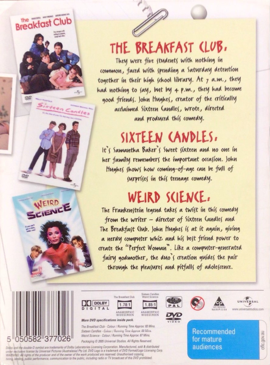 Three 80's classics (Breakfast club/Sixteen candles/Weird science) (Dvd
