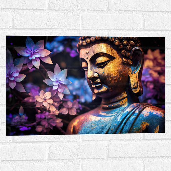 Muursticker - Boeddha voor Struik vol Paarse Lelies - 60x40 cm Foto op Muursticker