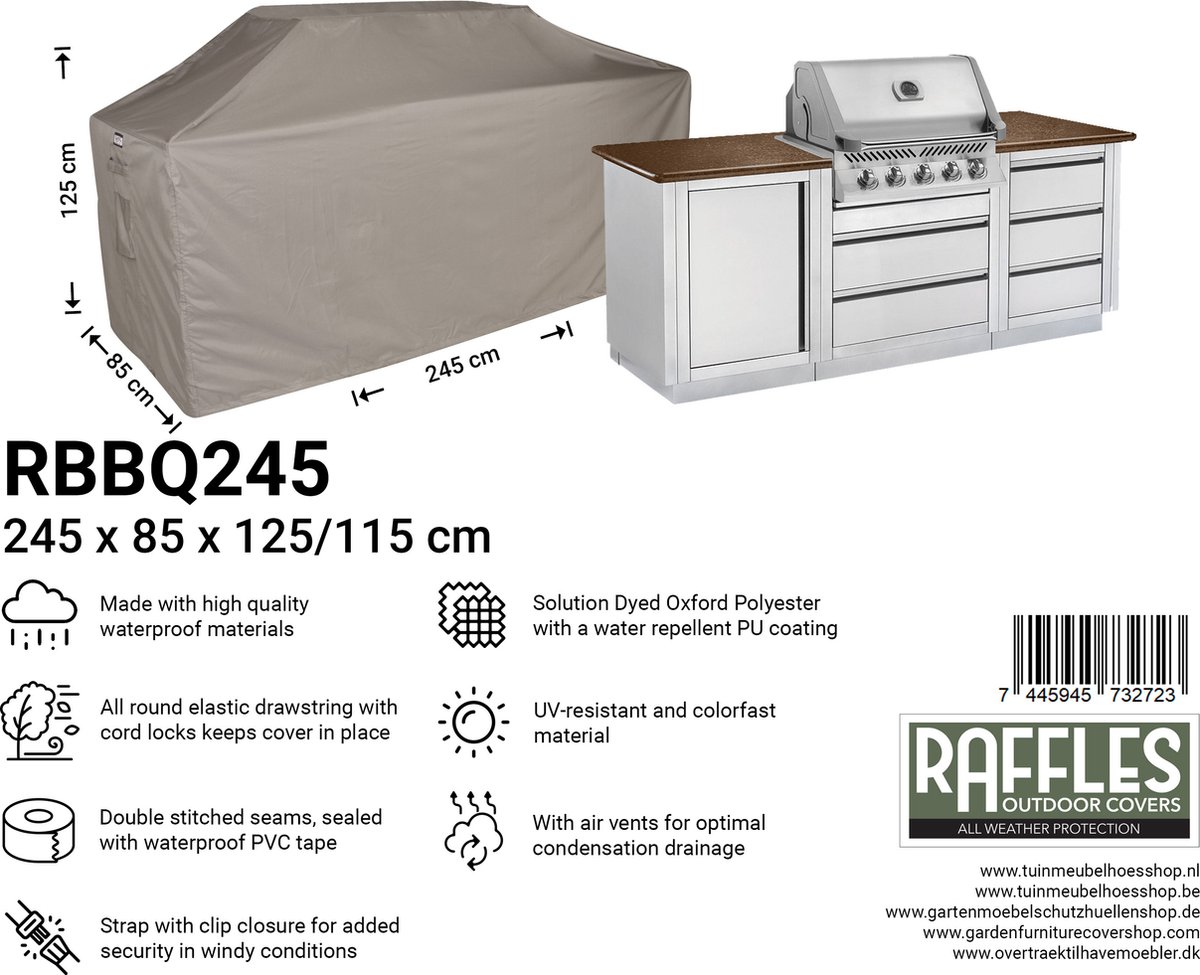 Raffles Covers BBQ hoes - 245 x 85 H: 125 cm - RBBQ245 - Waterdicht - Ademend - UV-bestendig - Elastisch rijgkoord - Beschermhoes tuinmeubelen