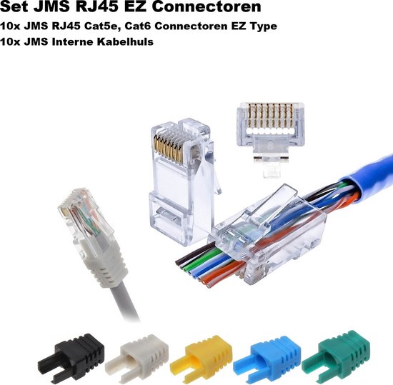 JMS® RJ45 Krimp Connectoren Met Doorsteekmontage Voor CAT6 Netwerkkabel (Vast/Flexibel) 10 Stuks (JMS-EZtype) + 10 Stuks JMS Interne Kabelhuls