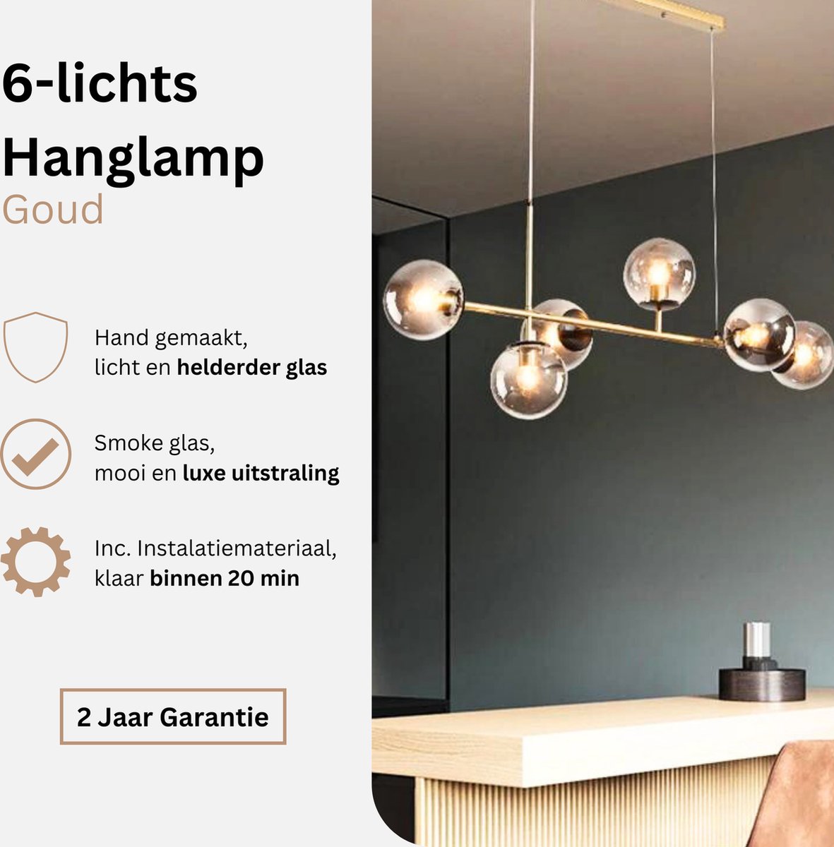 HeyHeaven® Hanglamp Goud 6 Bollen Smoke Glas Ø13cm - Plafondlamp Woonkamer  of Eetkamer... | bol.com