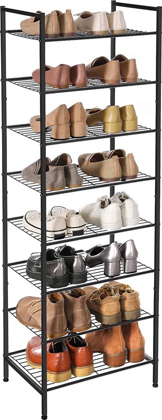 Schoenenrek met 8 niveaus, smal, voor 16-24 paar schoenen, ruimtebesparend, veel opbergruimte, metalen rek, 44,6 x 30,5 x 128,5 cm, zwart