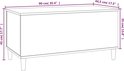 Grijze salontafel met houtnerf, 90 cm lang, 44,5 cm breed, 45 cm hoog, op houten pootjes.