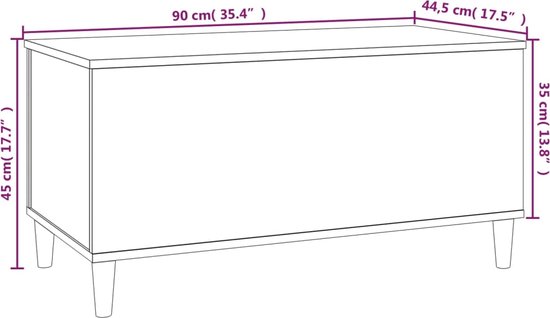 Grijze salontafel met houtnerf, 90 cm lang, 44,5 cm breed, 45 cm hoog, op houten pootjes.