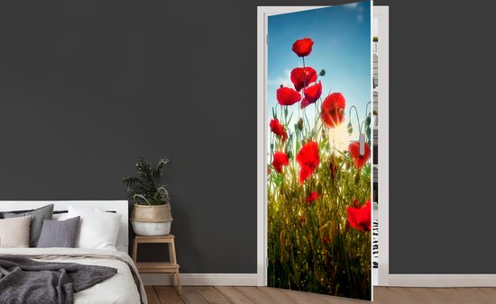 Sticker pour porte Coquelicots - Toscane - Soleil - Rouge - Blauw - 75x205 cm - Affiche de porte