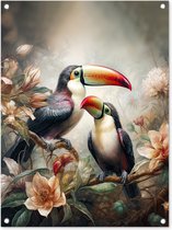 Tuinposter toekan - Tuindecoratie vogels - 60x80 cm - Wanddecoratie met bloemen voor buiten - Schutting decoratie jungle - Buitenposter - Schuttingdoek - Tuindoeken - Tuin doek - Balkon poster