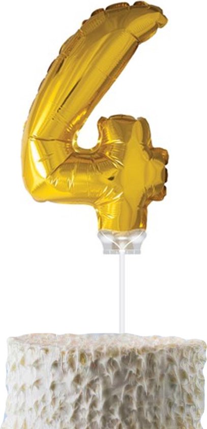 Gouden ballon met het cijfer '4' op een stokje, bovenop een taart.