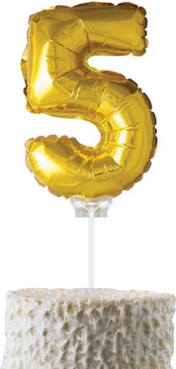 Cijferballon op stokje XL 40cm - Taart ballon - Cijfer 5 - Goud