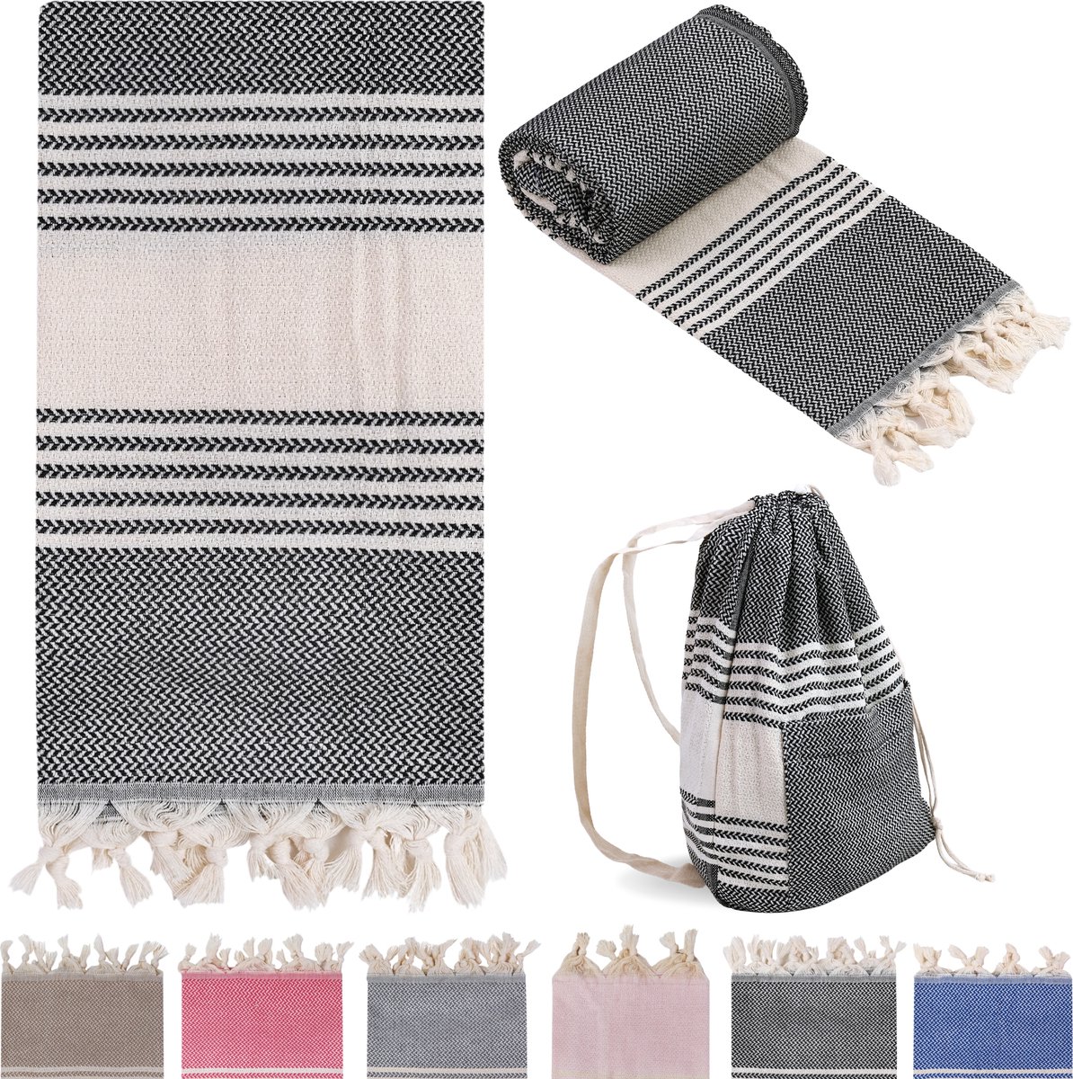 Combi Hamamdoek met Strandtas Zwart Stranddoek %100 Katoen XL 100x180cm Reishanddoek Beachbag Grote Tas Schoudertas Zwemtas Badlaken Groot Douchelaken Pestemal Fouta Pareo Yoga