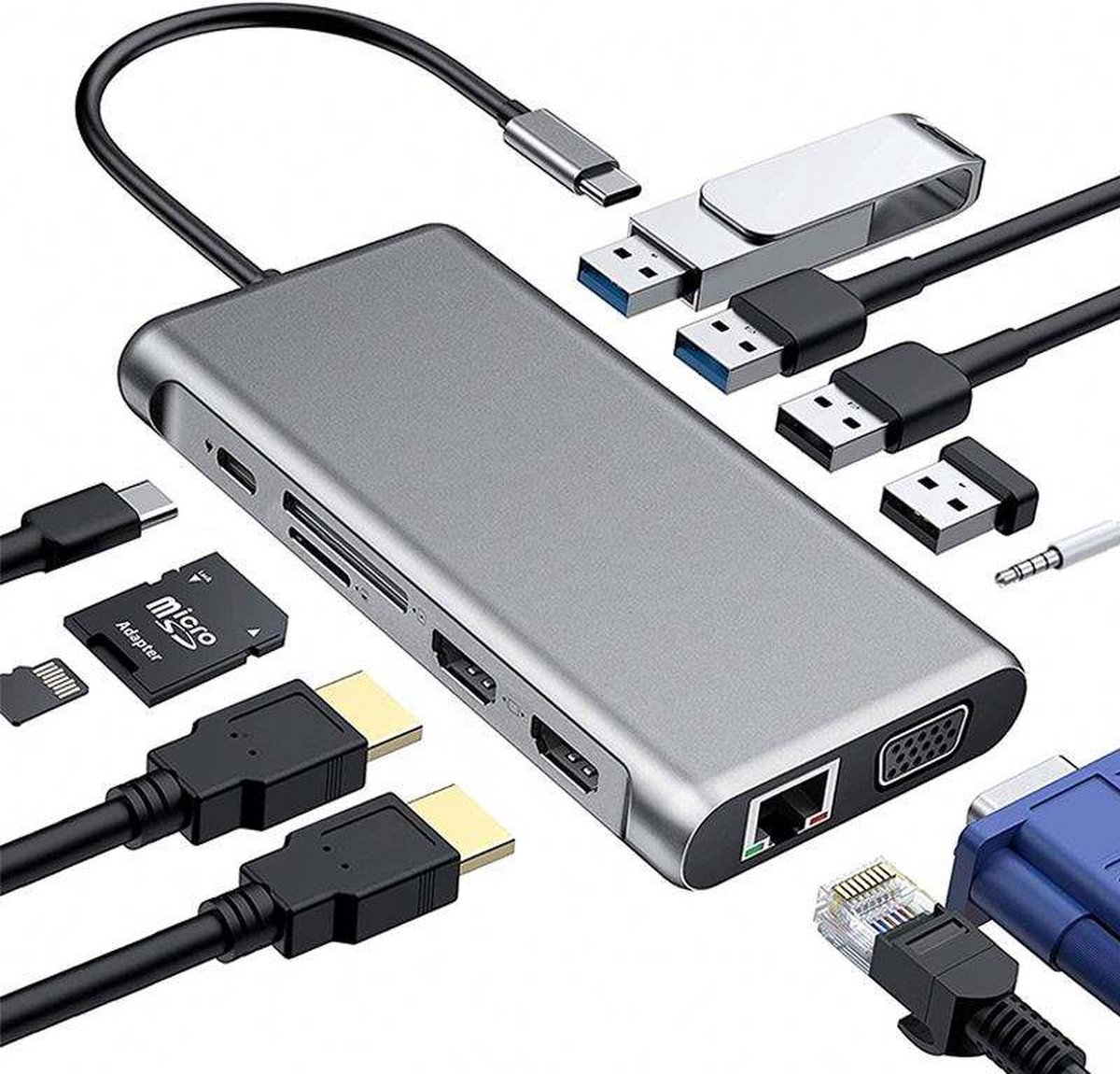USB-C hub 12 in 1, Triple Display (2x HDMI, VGA)