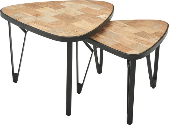 Rootz Nesting Tables - Driehoekig Ontwerp - Set van 2 Bruine Salontafels met Metalen Poten - 2-delige Placemat Nesting Table in Hout en Zwart Metaal - Mango-Acacia Massief Hout