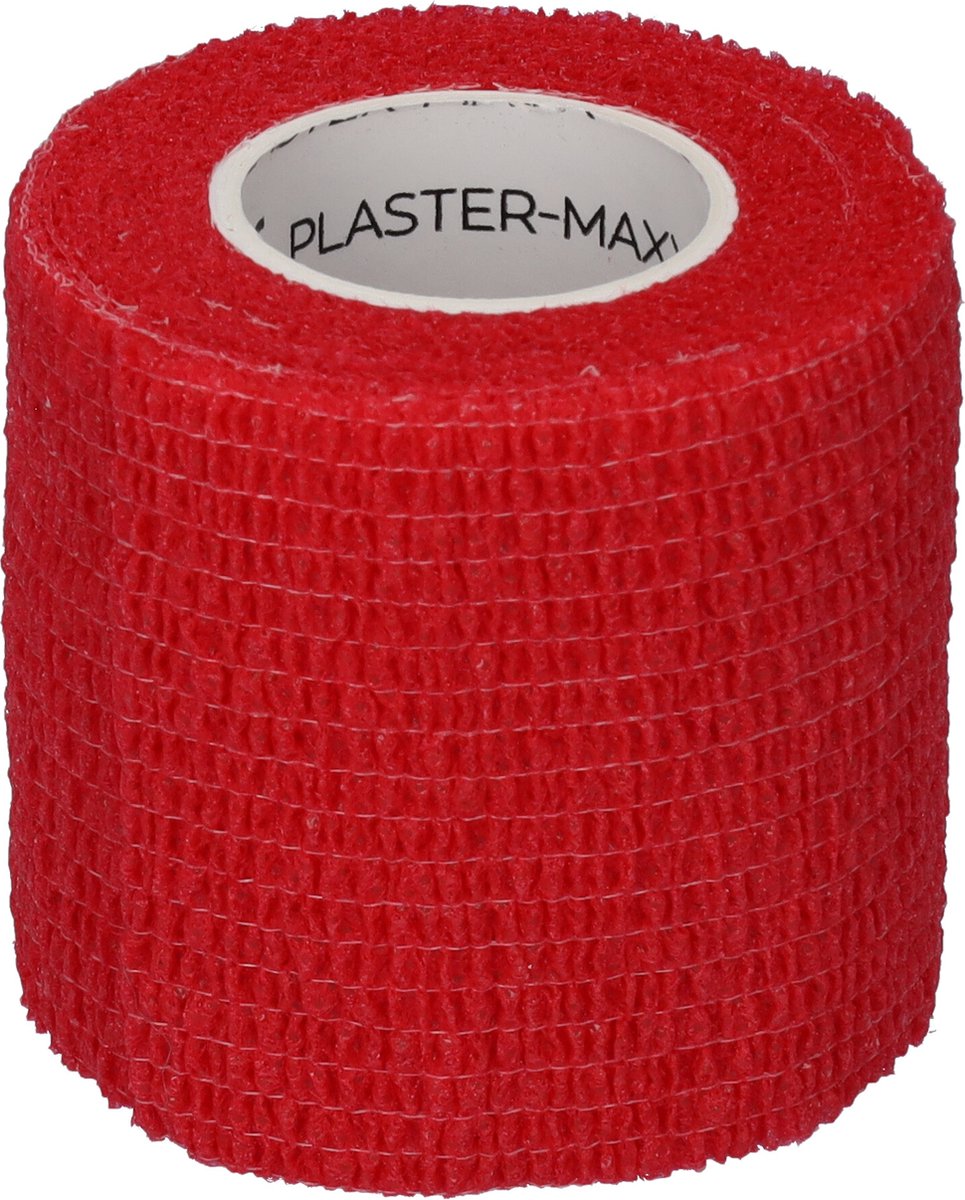 Goedkoopste Plastermaxx de hypoallergene elastische pleister ( rood ) die werkt zonder lijm. Waterbestendig, rekbaar, anti allergisch, latex vrij, absorbeert bloed, afscheurbaar ( geen schaar nodig ) lengte 450cm x breedte 5,0cm, handig voor thuis of op reis