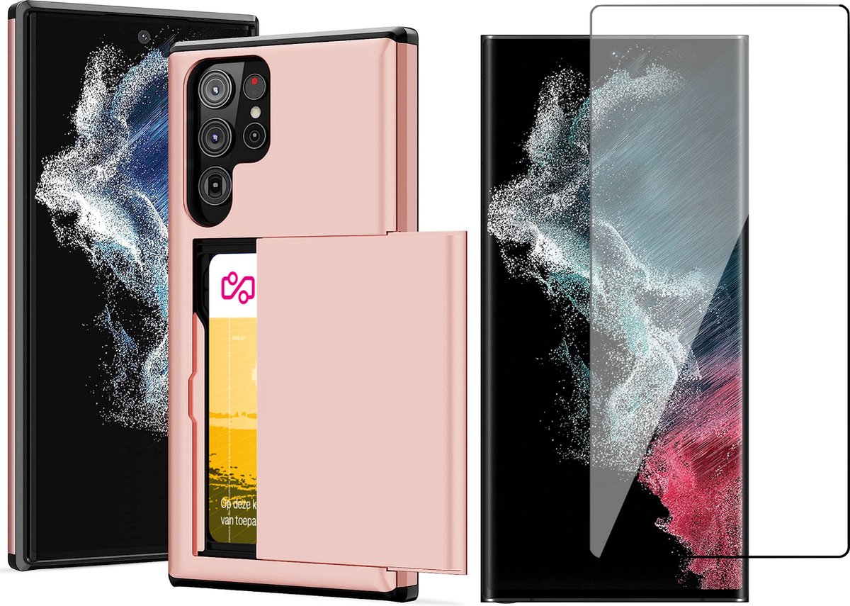 Hoesje met Pasjeshouder geschikt voor Samsung Galaxy S22 Ultra - Screen Protector FullGuard - Back Cover SlideCase Roségoud & Screenprotector