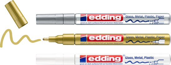 Drie Edding lakstiften (wit, zilver, goud) met dop en goudkleurige verfstreep.