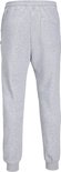 Lichtgrijze joggingbroek, van de achterkant, met elastische tailleband en enkels.