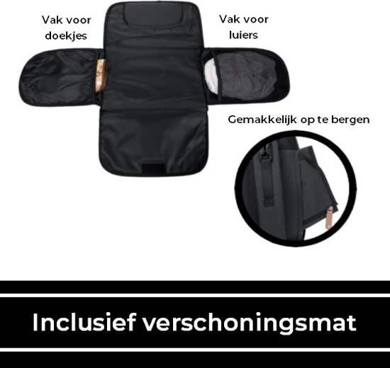 Zwarte luiertas met uitklapbare verschoningsmat. Bevat vakjes voor doekjes en luiers.