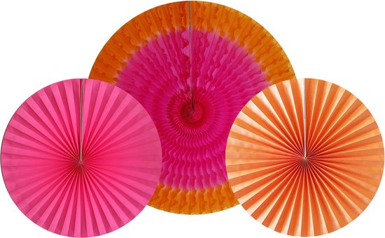 Ronde decoratie waaiers, 3 stuks Oranje Roze 1 x 50 cm 2 x 30 cm rond - Honeycomb