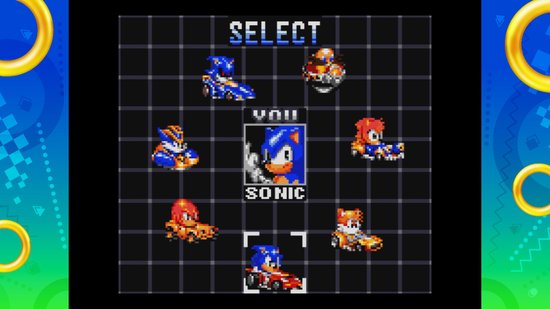 Selectiescherm voor een racegame, met karts van Sonic, Tails, Knuckles en Amy.