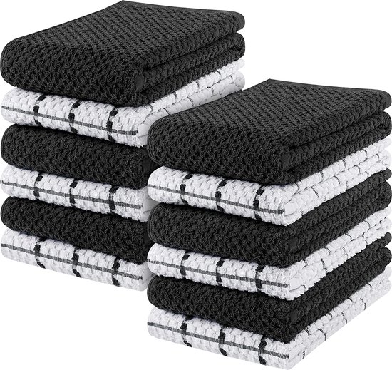 12 Keuken Handdoeken Set - 38 x 64 cm - 100% Ring Gesponnen Katoenen Superzacht en Absorberend Schotelantennes, Theedoeken en Barkrukken Handdoeken (Zwart en wit)
