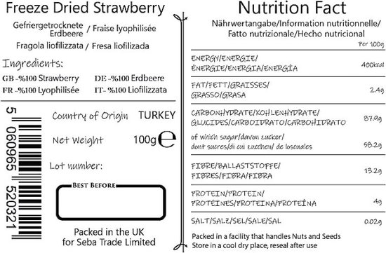 Voedingsfeiten label voor gevriesdroogde aardbeien, met ingrediënten, herkomst Turkije, nettogewicht 100g en voedingsinformatie.