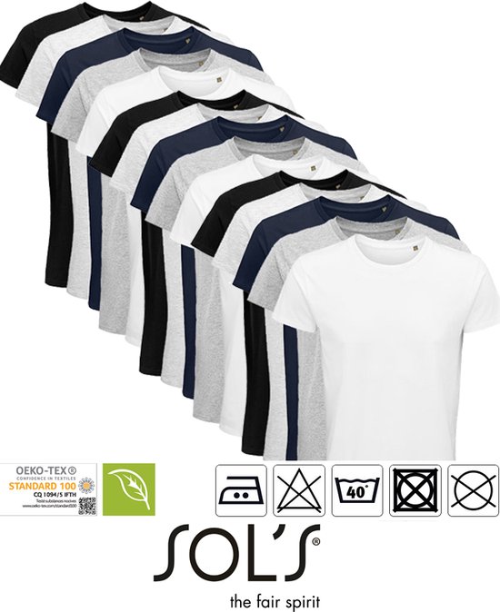 Lot de 15 T-Shirts Homme Sol's 100% Coton Bio Col Rond Zwart, Blauw Foncé, Grijs / Gris Clair Chiné, Blanc Taille L