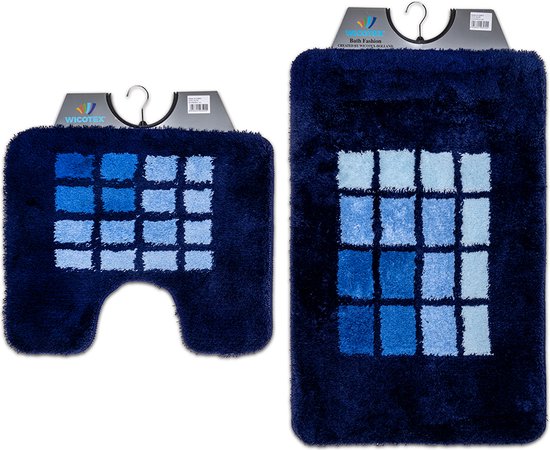 Wicotex - Badmat set met Toiletmat - WC mat met uitsparing Blauwe rand geblokt - Antislip onderkant