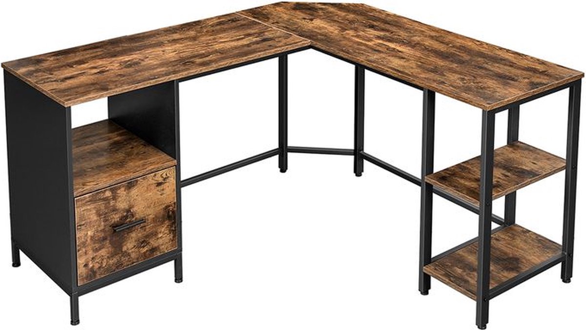Computerbureau - L-vormig computerbureau - Bureau - Bureau - Bureau - Thuiskantoormeubilair - Werkstation - Studiebureau - Directiebureau - Verstelbaar bureau - L-vormig bureau - Bruin-zwart - 137 x 150 x 75 cm (L x B x H)