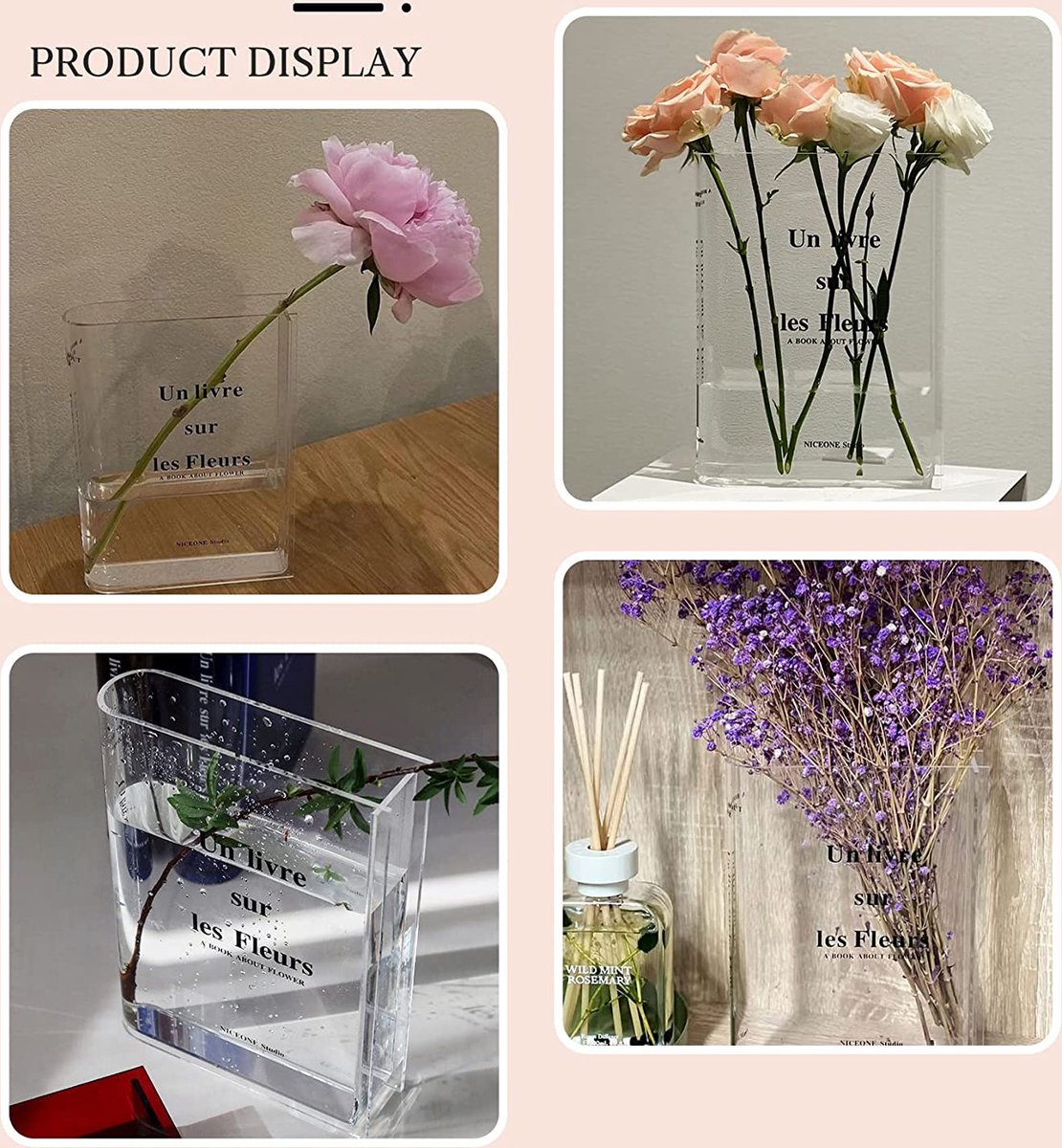 Puransen Boekvaas voor bloemen esthetische kamerdecoratie, artistieke en culturele smaak decoratieve acryl vaas, uniek accent voor thuis/slaapkamer/ kantoor, een boek over bloemen (helder rood