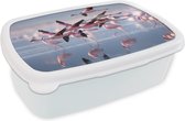 Broodtrommel Wit - Lunchbox - Brooddoos - Flamingo - Vogel - Water - Roze - 18x12x6 cm - Volwassenen