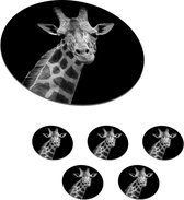 Onderzetters voor glazen - Rond - Giraffe - Wilde dieren - Zwart - Wit - Portret - 10x10 cm - Glasonderzetters - 6 stuks