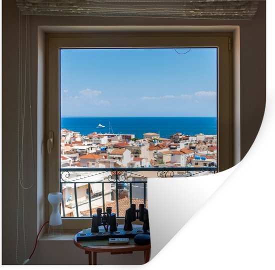 Muurstickers - Sticker Folie - Uitzicht op de zee vanuit een raam in Griekenland - 100x100 cm - Plakfolie - Muurstickers Kinderkamer - Zelfklevend Behang XXL - Zelfklevend behangpapier - Stickerfolie