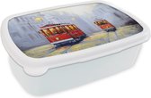 Broodtrommel Wit - Lunchbox - Brooddoos - Schilderij - Tram - Stad - Olieverf - 18x12x6 cm - Volwassenen