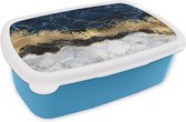 Broodtrommel Blauw - Lunchbox - Brooddoos - Marmer - Wit - Goud - Luxe - 18x12x6 cm - Kinderen - Jongen