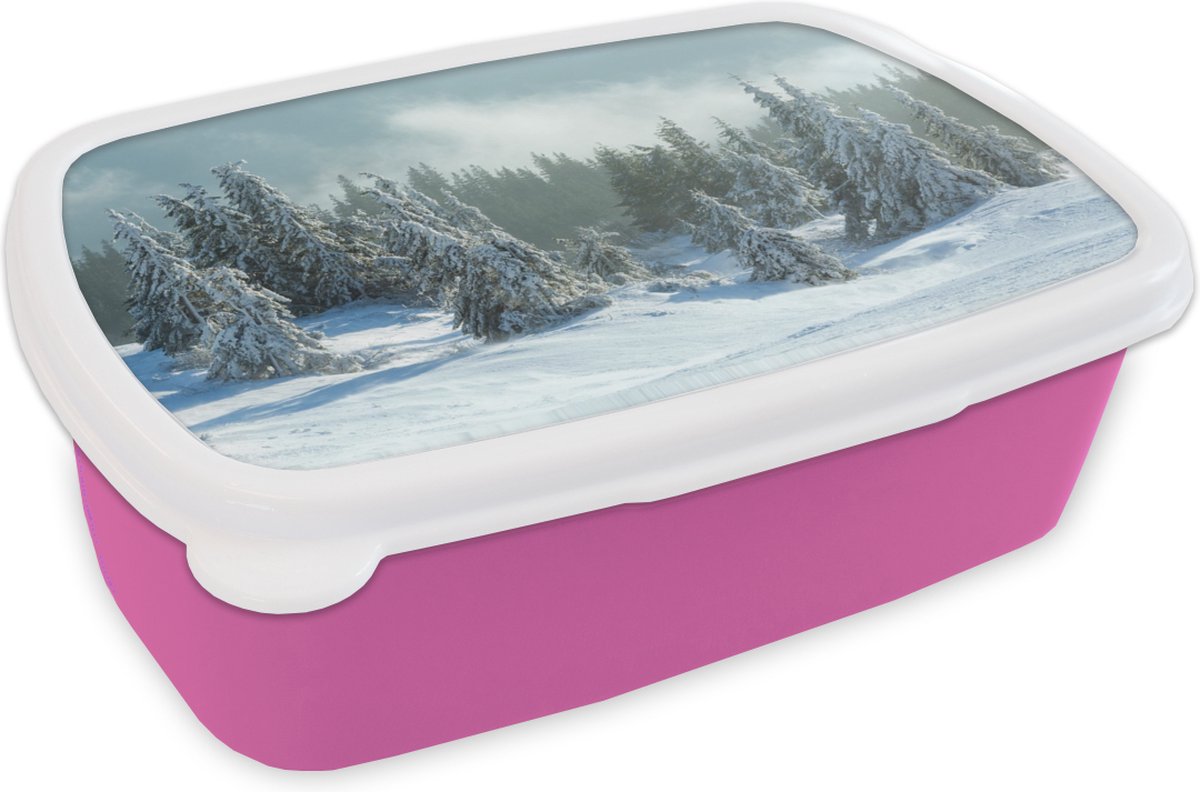 Broodtrommel Roze - Lunchbox - Brooddoos - Bos - Sneeuw - Winter - 18x12x6 cm - Kinderen - Meisje