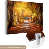 MuchoWow® Glasschilderij 180x120 cm - Schilderij acrylglas - Een bospad in de herfst - Foto op glas - Schilderijen
