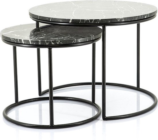 Table basse ronde set de 2 avec plateau en marbre Zwart