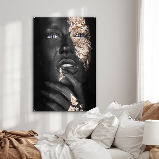 Tableau verre femme - Goud - Zwart - Portrait - Luxe - Peinture verre - Photo sur verre - 80x120 cm - Décoration murale verre - Salon - Décoration chambre - Décoration murale - Plaque de verre