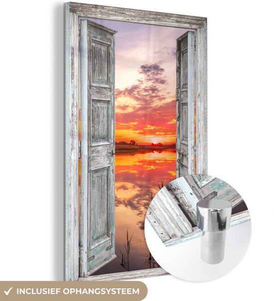 MuchoWow® Glasschilderij 20x30 cm - Schilderij acrylglas - Landschap - Zonsondergang - Water - Doorkijk - Foto op glas - Schilderijen