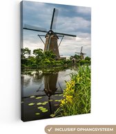 Canvas Schilderij Molen - Bloemen - Water - 20x30 cm - Wanddecoratie