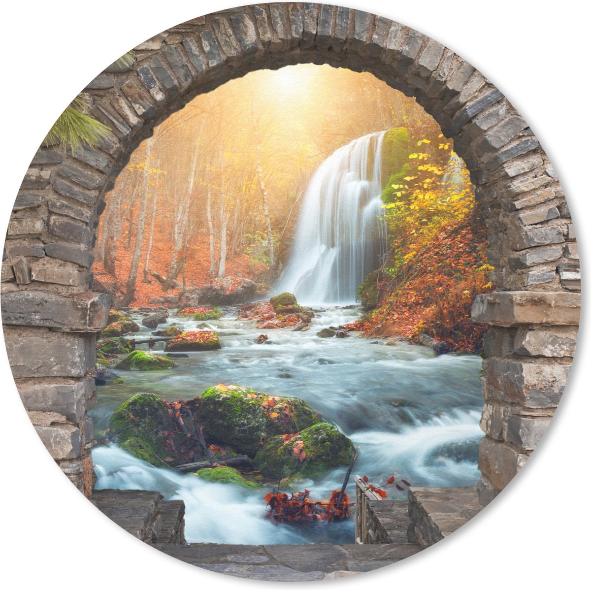 Muismat rond 50x50 cm - Mousepad Doorkijk - Waterval - Herfst - Landschap - Ronde muismatten