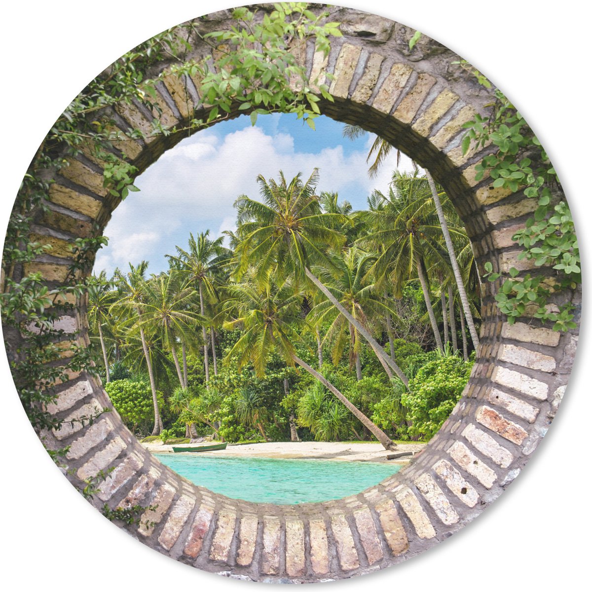 Muismat rond 40x40 cm - Mousepad Doorkijk - Palm - Tropisch - Strand - zee - Ronde muismatten