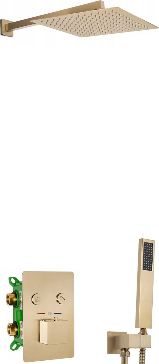 Divas Geborsteld Goud Inbouw Regendoucheset - ANTI-KALC-systeem Doucheset - inbouwkraan, regendouche, regendouche-arm, 1500 mm slang, handdouche 30 x 30 cm, handdouchehouder, materiaal messing