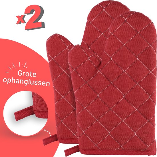 Deux gants de four rouges à motif losange avec des boucles de suspension. 'x2 Grandes boucles de suspension'.