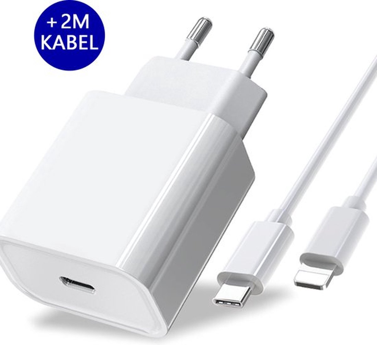 2 Meter iPhone oplader met kabel + 20W iPhone Sneloplader kabel - iPhone Oplaadkabel USB-C adapter stekker - USB C naar Lightning kabel - Snellader - Geschikt voor Apple iPhone 11 / 12 / 13 / 14 Pro Max en iPad - 2m Lengte - Voordeelbundel - Wit