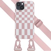 Selencia Hoesje Geschikt voor iPhone 14 Hoesje Met Koord - Selencia Siliconen design hoesje met afneembaar koord - Roze / Irregular Check Sand Pink