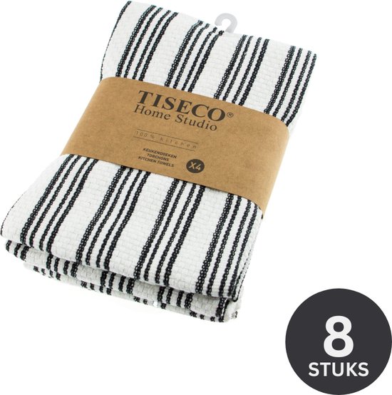 Tiseco Home Studio - Torchon de cuisine BASKET WEAVE - SET/8 - 100% coton - avec boucle de suspension - ultra absorbant - séchage rapide - matériau résistant - 50x70 cm - Noir