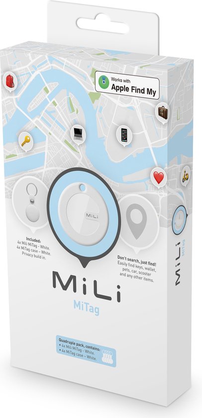 MiLi MiTag iOS FindMy Bluetooth Tracker met Sleutelhanger Wit 4-Pack
